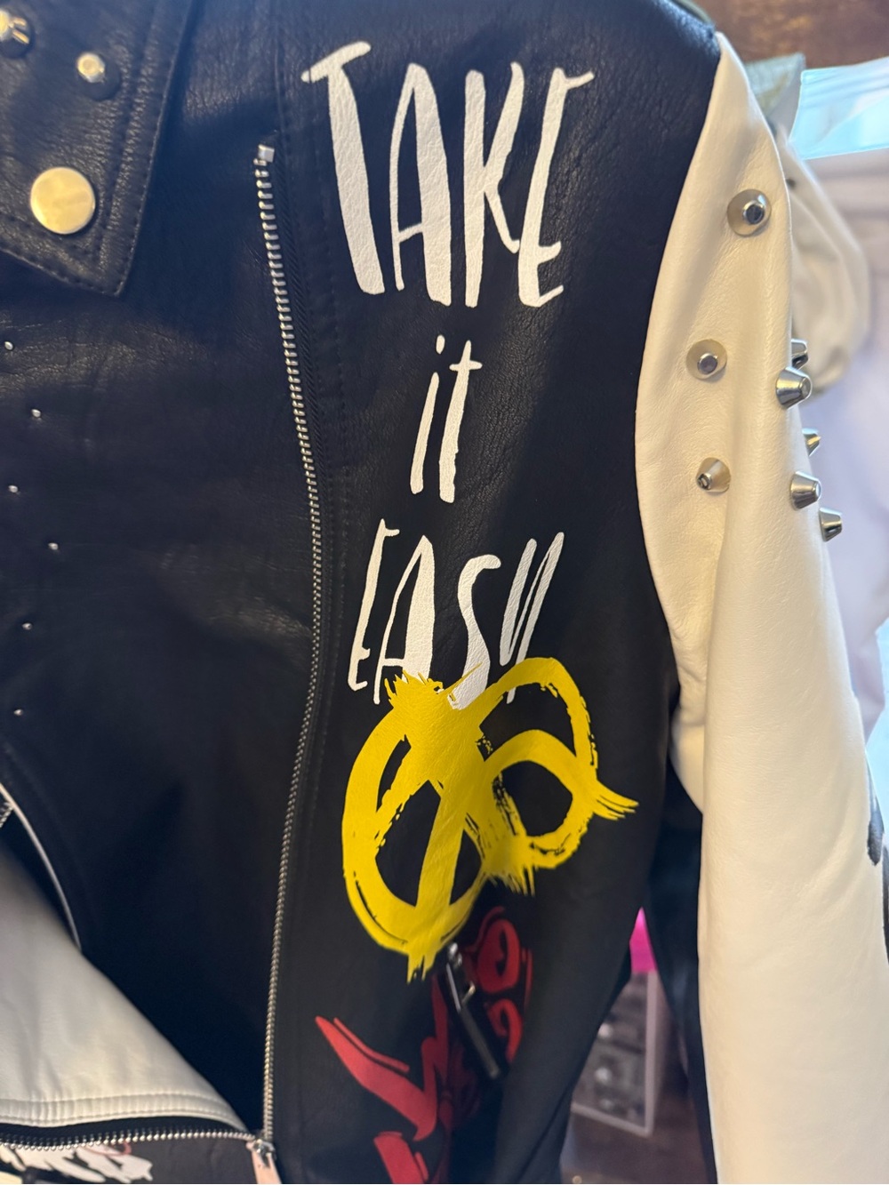 💥💥Studded Black & White Graffiti Faux Leather Street wear/Punk/Vintage jacket - Picture 7 of 16